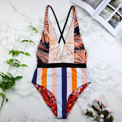 Triangle One-Piece Deep V Sexy Swimsuit with Print