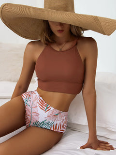 High Waist Women's High Neck Printed Bikini Swimsuit