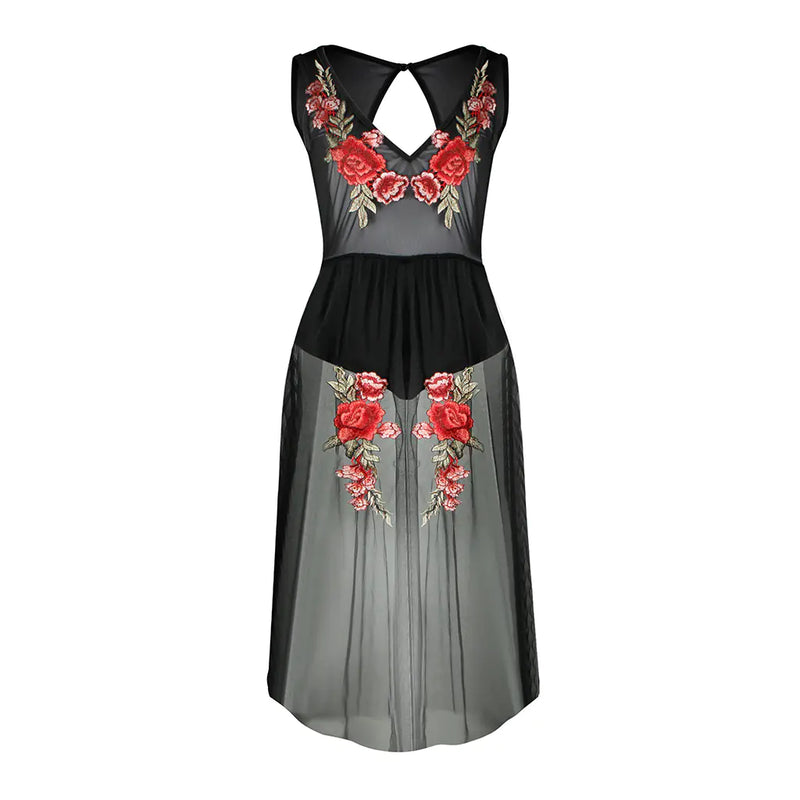 Embroidered Floral Sheer Backless Mesh Swimsuit Dress