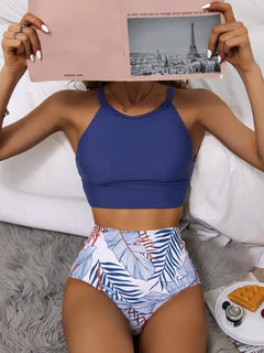 High Waist Women's High Neck Printed Bikini Swimsuit