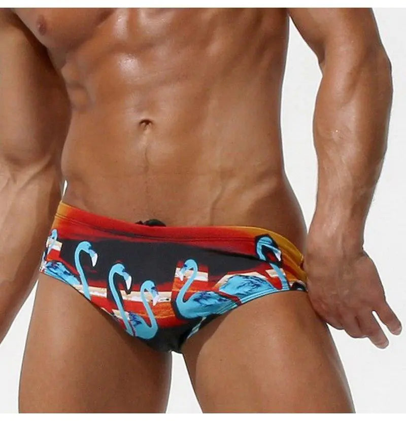 Men's Triangle Swimsuit with Swan Print, Low Waist