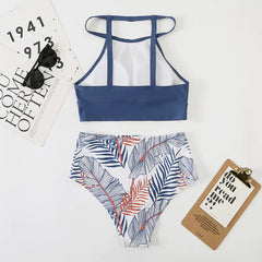 High Waist Women's High Neck Printed Bikini Swimsuit