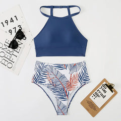 High Waist Women's High Neck Printed Bikini Swimsuit