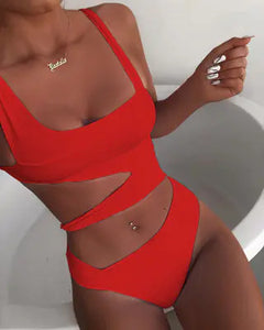 Solid Color One-Piece Swimsuit and Bikini Set